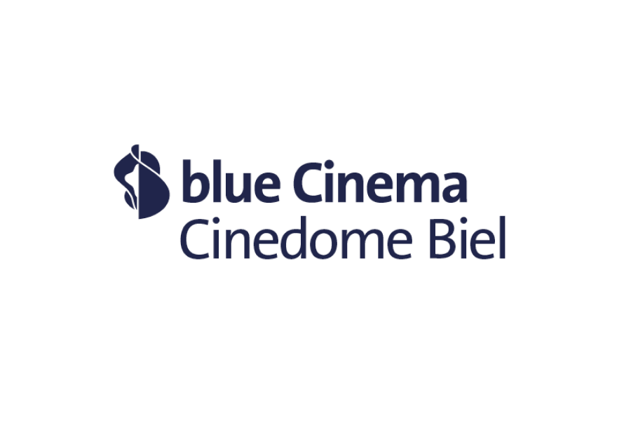 Logo für das blaue Kino Cinedome Biel mit einem stilisierten blauen Symbol auf der linken Seite und dem Text in Dunkelblau auf weissem Hintergrund.