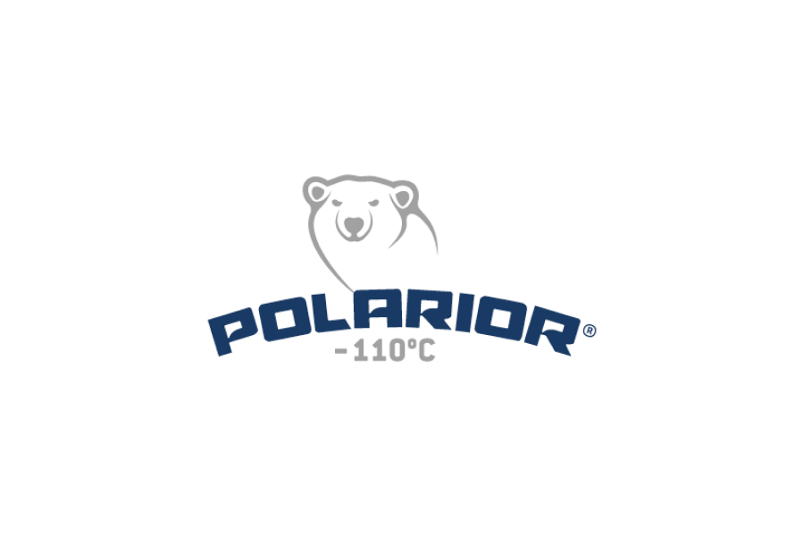 Logo mit einer minimalistischen Eisbären-Illustration über dem Wort POLARIOR in fetter blauer Schrift, darunter -110°C auf weißem Hintergrund.