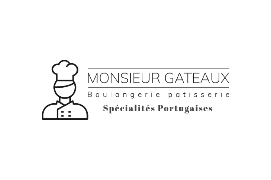 Logo für die Bäckerei und Konditorei Monsieur Gateaux mit dem Symbol eines Kochs und dem Text Spécialités Portugaises.