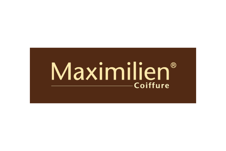 Logo für Maximilien Coiffure mit hellbeigem Text auf dunkelbraunem, rechteckigem Hintergrund.