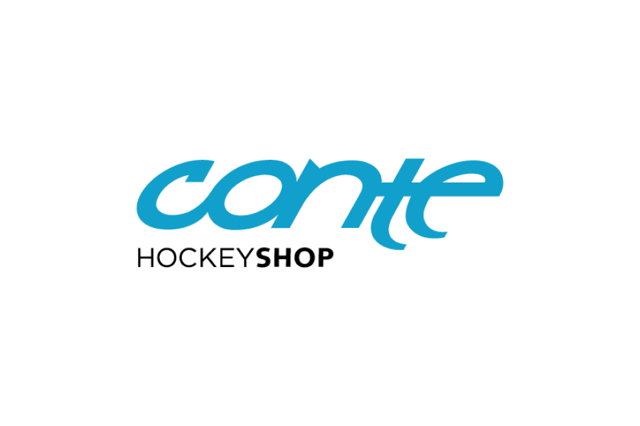 Das Bild zeigt das Logo von Conte Hockey Shop mit conte in fetten blauen Kleinbuchstaben und HOCKEYSHOP in kleinerem schwarzen und grauen Text darunter.