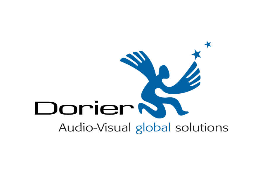 Le logo Dorier représente une figure abstraite bleue avec des ailes s'étirant vers trois étoiles, et le texte Dorier Audio-Visual global solutions à côté et en dessous du graphique.