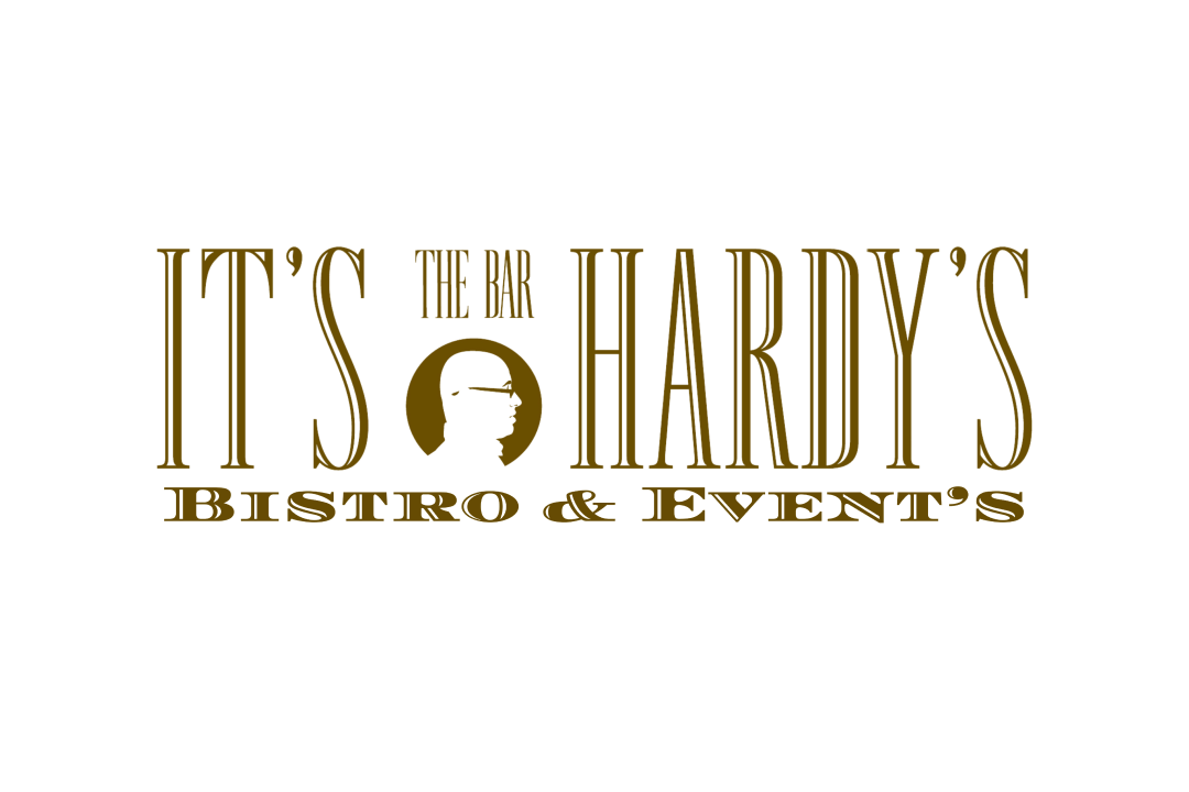 Logo avec le texte ITS THE BAR HARDYS BISTRO & EVENTS en lettres dorées, avec la silhouette d'une personne portant un chapeau entre les mots THE BAR et HARDYS.