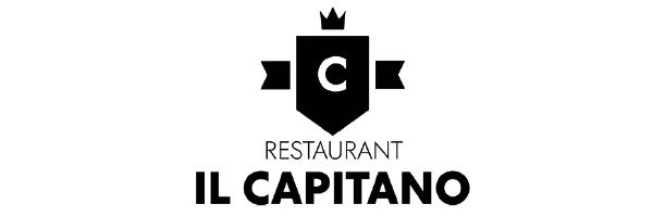 Schwarzes und weißes Logo für das Restaurant Il Capitano mit einem Schild mit einem gekrönten C und zwei Chevrons auf beiden Seiten.