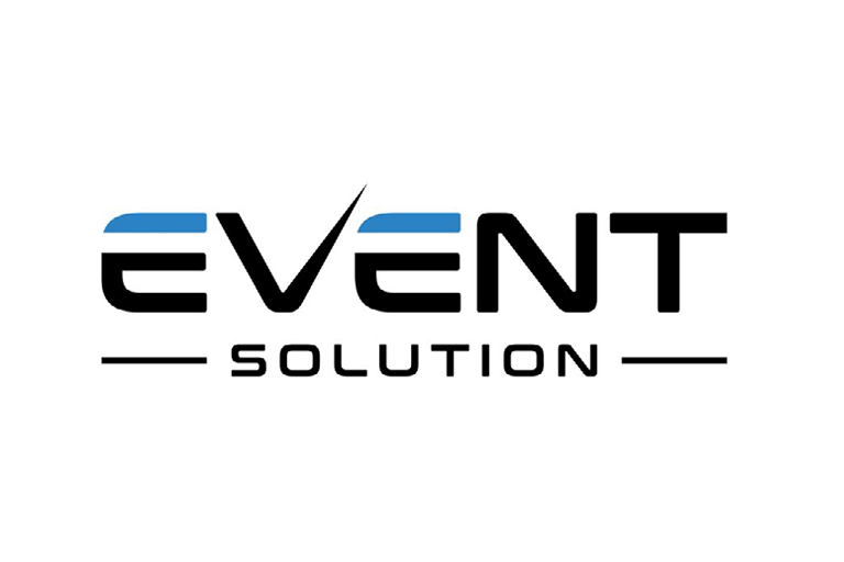 Logo mit dem Wort EVENT in fetten schwarzen Buchstaben, mit blauen Akzenten auf dem E und dem N, und dem Wort SOLUTION darunter in einer dünneren Schrift, getrennt durch horizontale Linien.