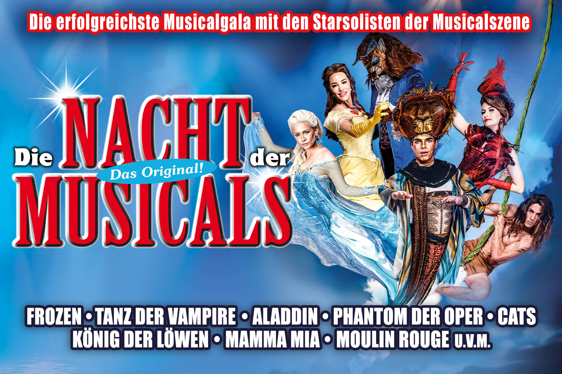 Affiche promotionnelle pour Die Nacht der Musicals présentant des artistes en costumes de diverses comédies musicales, avec les titres des spectacles énumérés ci-dessous et un fond bleu ciel.