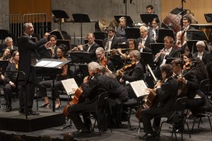 Un chef d'orchestre dirige un orchestre de musiciens jouant de divers instruments, notamment des cordes, des bois et des cuivres, dans le cadre d'un concert formel.