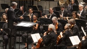 Un chef d'orchestre dirige un orchestre de musiciens jouant de divers instruments à cordes et à vent lors d'une représentation en direct.