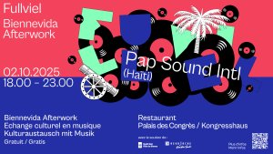Affiche promotionnelle pour l'événement musical Pap Sound Intl (Haïti) le 02.10.2025, 18:00-23:00 au Palais des Congrès ; comprend des disques vinyles, des instruments et des détails sur l'événement en bleu et rose.