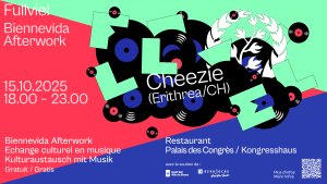 Affiche de l'événement Fullviej ! Biennevida Afterwork avec Cheezie (Erithea/CH), avec les détails de l'événement, la date, l'heure, le lieu et des éléments graphiques colorés en arrière-plan.
