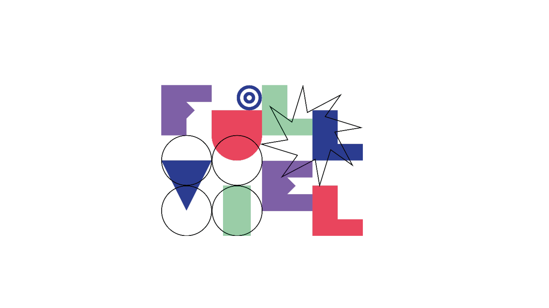 Art abstrait géométrique composé de cercles, de carrés, de triangles et d'éclats d'étoiles se chevauchant en rouge, bleu, vert et violet sur fond blanc.