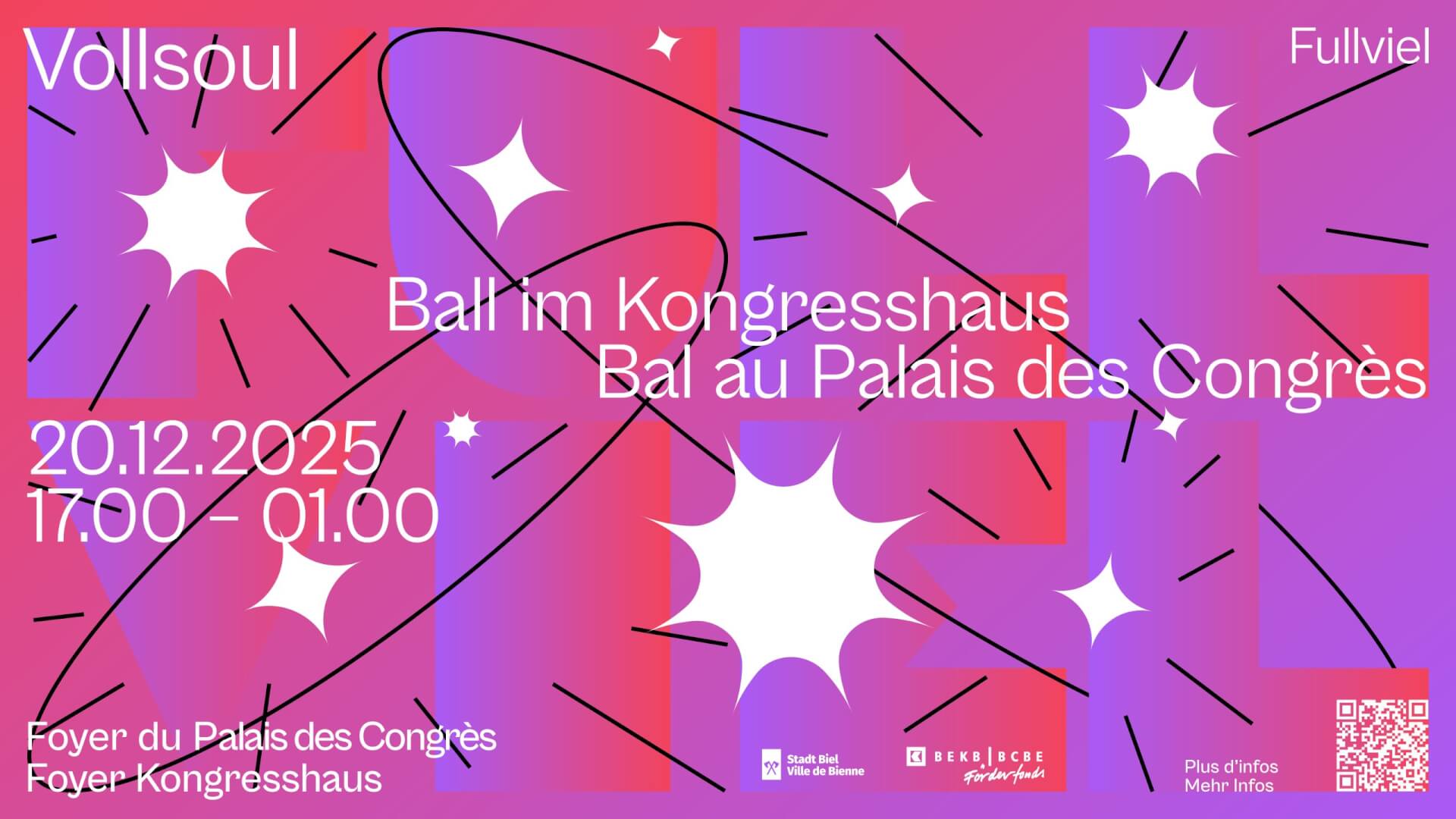 Affiche d'événement avec des étoiles abstraites et des lignes sur un fond dégradé rose et violet, affichant les détails d'un bal au Kongresshaus le 20 décembre 2025, de 17:00 à 01:00.