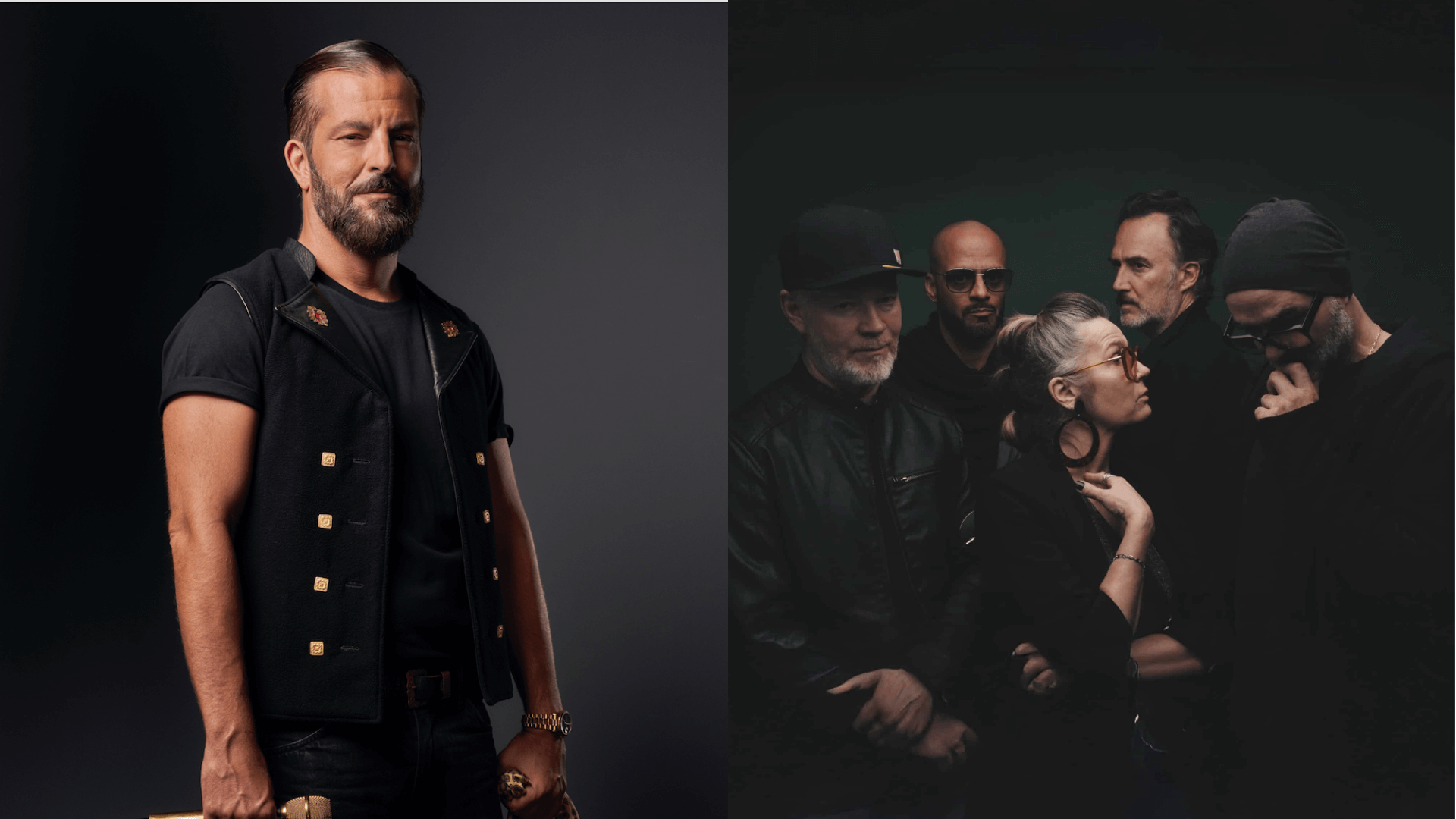 Ein bärtiger Mann steht allein auf der linken Seite, während fünf Personen, darunter eine Frau, in dunkler Kleidung auf der rechten Seite zusammenstehen.