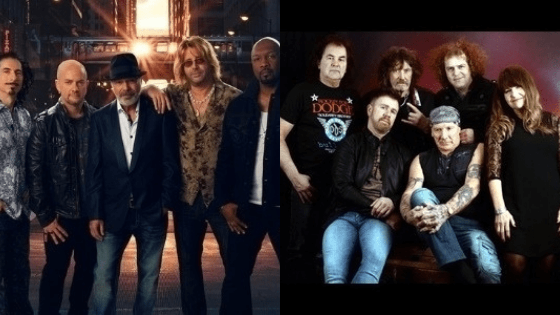 Zwei Gruppen von Musikern posieren für separate Bandfotos, jeweils in unterschiedlichen Kulissen, mit verschiedenen Outfits und in unterschiedlichen Posen.