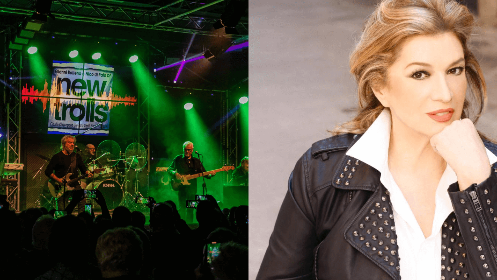 Geteiltes Bild: Die linke Seite zeigt einen Live-Auftritt der Band New Trolls im Bühnenlicht; die rechte Seite zeigt eine Frau in einer schwarzen Nietenjacke, die für ein Porträt posiert.