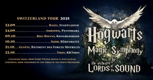 Affiche de tournée pour Hogwarts Magic & Symphony par l'orchestre Lords of the Sound, listant les dates de tournée en Suisse et les villes pour 2025, avec une image d'un hibou blanc au-dessus du titre.