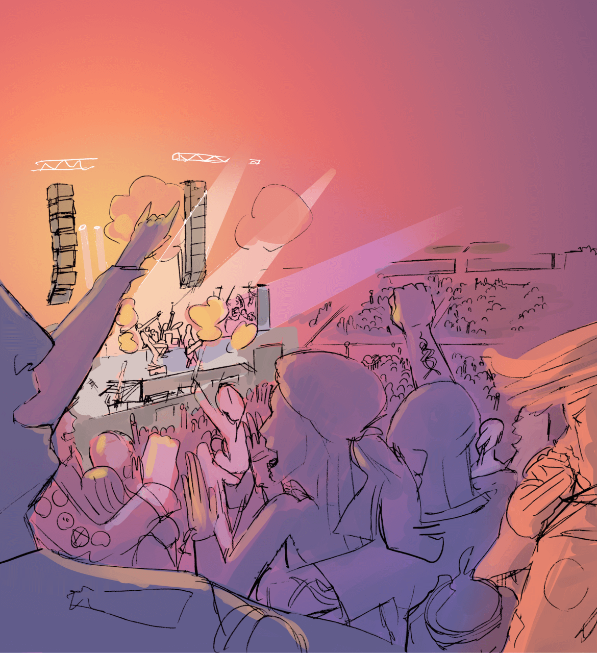 Une foule de personnes assistant à un concert en plein air, les mains levées, face à une scène où se trouvent des artistes, des haut-parleurs et des éclairages colorés au coucher du soleil.