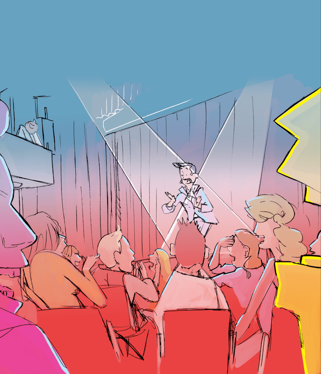 Un artiste se tient sur scène sous les projecteurs, face à un public assis dans un théâtre aux chaises rouges et à l'éclairage coloré.