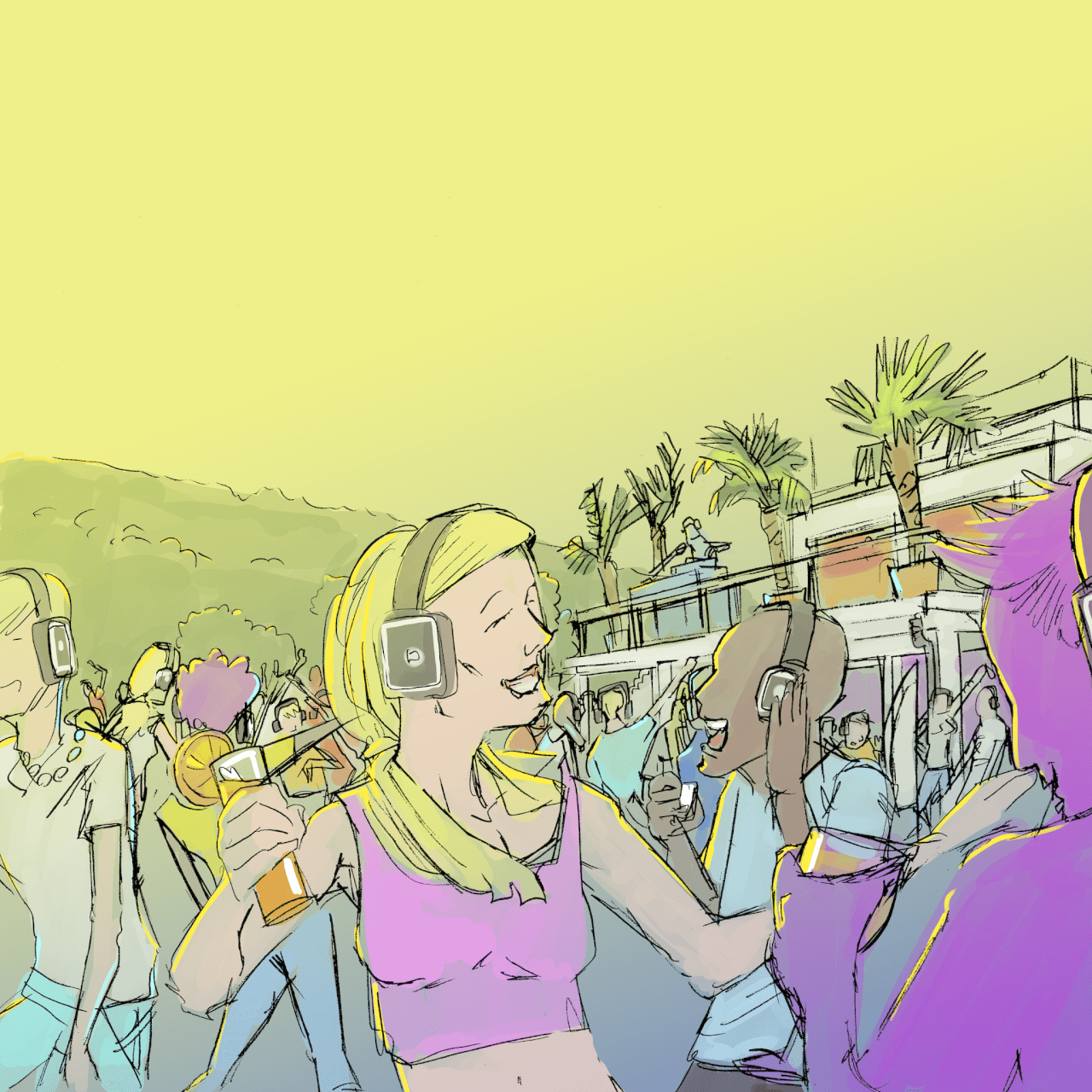Des personnes portant des écouteurs dansent et socialisent lors d'une fête en plein air avec des boissons, des palmiers et une architecture moderne en arrière-plan sous un ciel jaune.