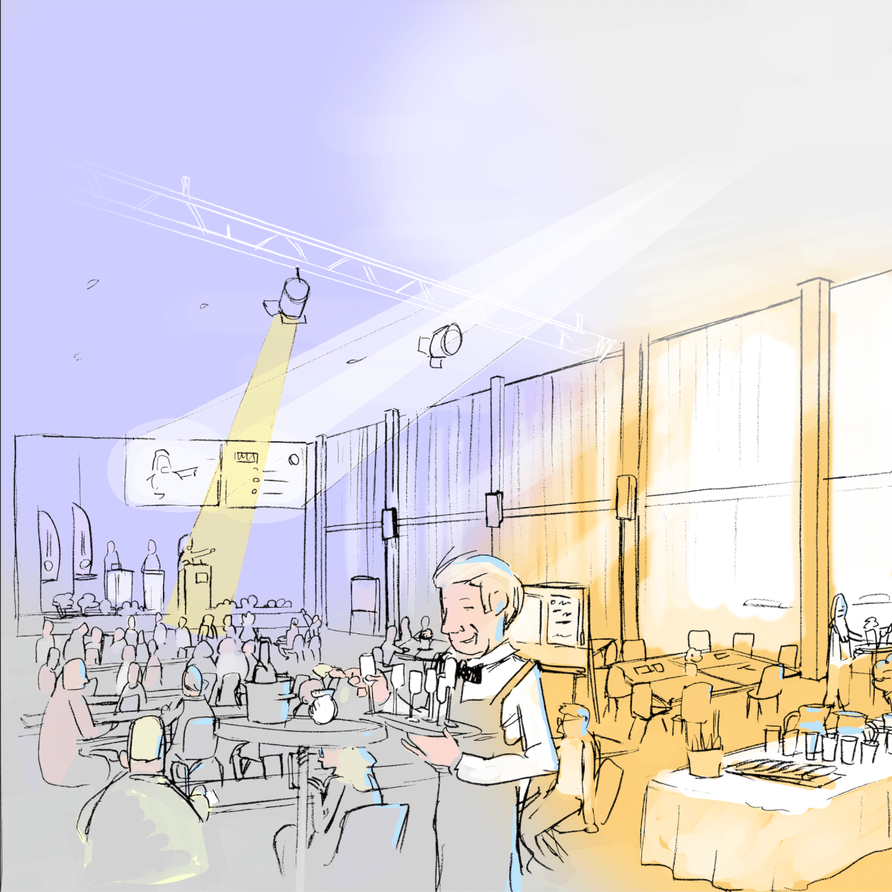 Illustration d'une grande salle de conférence avec des personnes assises à des tables, une personne parlant sur scène et un serveur portant des boissons au premier plan.