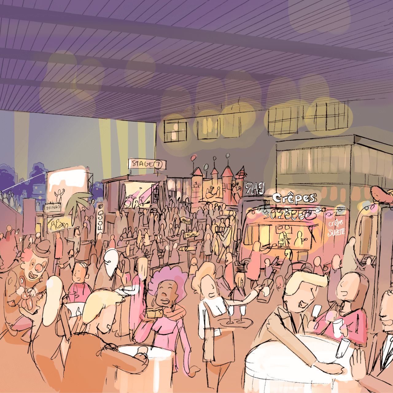 Illustration d'un marché alimentaire de nuit en plein air, avec des étals de nourriture, des personnes assises et debout, et des lumières vives sous un auvent.