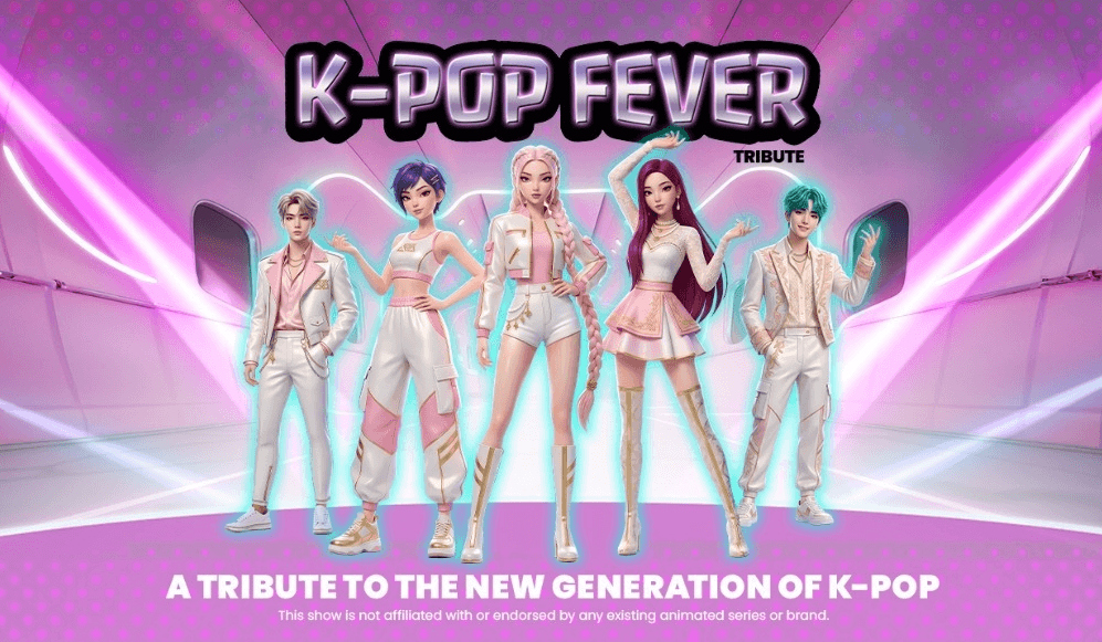 Fünf animierte Figuren in stilvollen, farbenfrohen Outfits stehen selbstbewusst unter einem Schild mit der Aufschrift K-POP FEVER, darunter ein Tribut an die neue Generation des K-Pop.