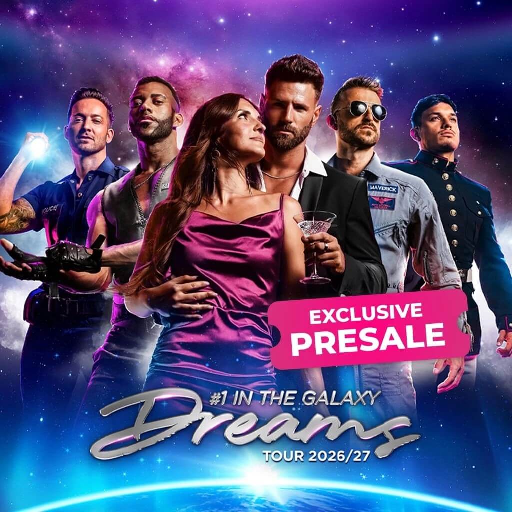 Sechs selbstbewusste Männer in verschiedenen Kostümen posieren um eine glamouröse Frau in einem lilafarbenen Kleid; EXCLUSIVE PRESALE und Dreams Tour 2026/27 erscheinen als Texteinblendungen.