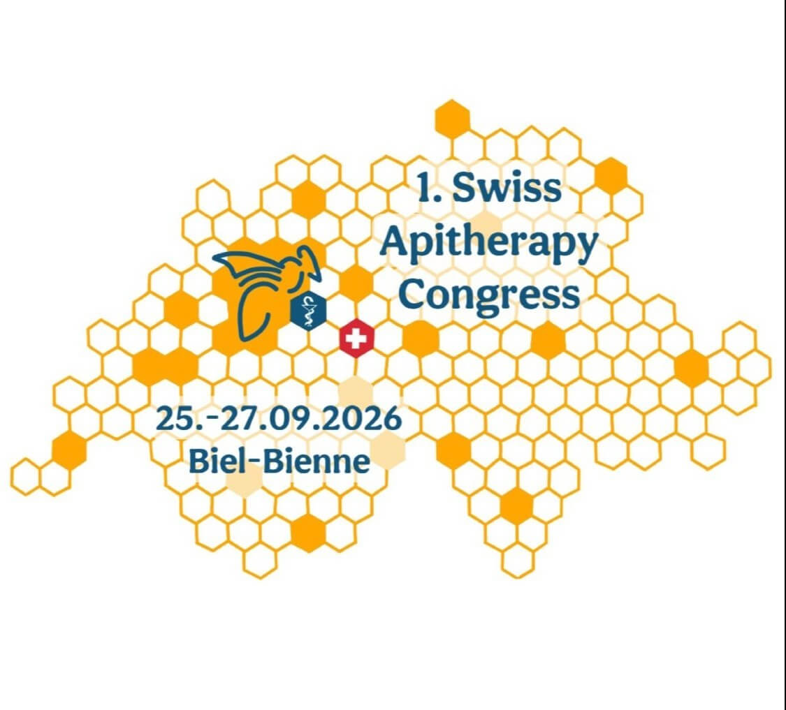Umriss der Schweiz, gefüllt mit einem Wabenmuster, Biene und medizinischem Symbol, Text: 1. Schweizerischer Apitherapie-Kongress, 25-27.09.2026, Biel-Bienne.