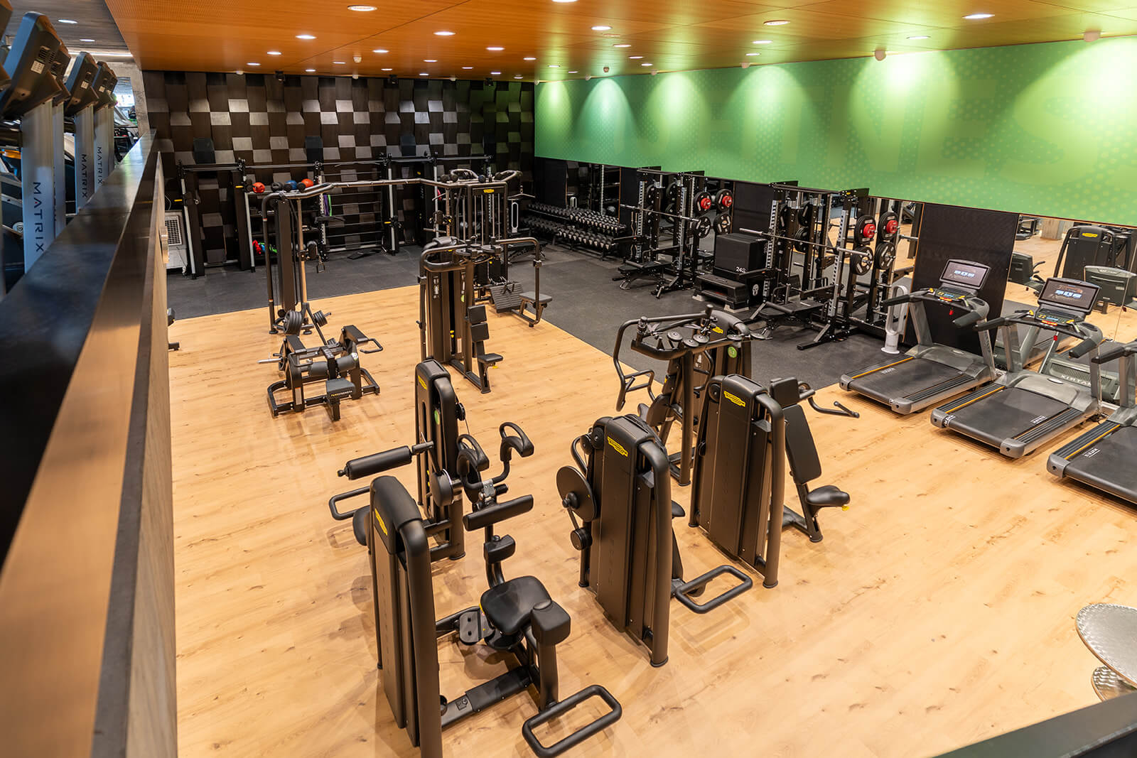 Ein modernes Fitnessstudio verfügt über verschiedene Kraftgeräte, Hanteln und Laufbänder auf einem hellen Holzboden vor grün-schwarzen Wänden.